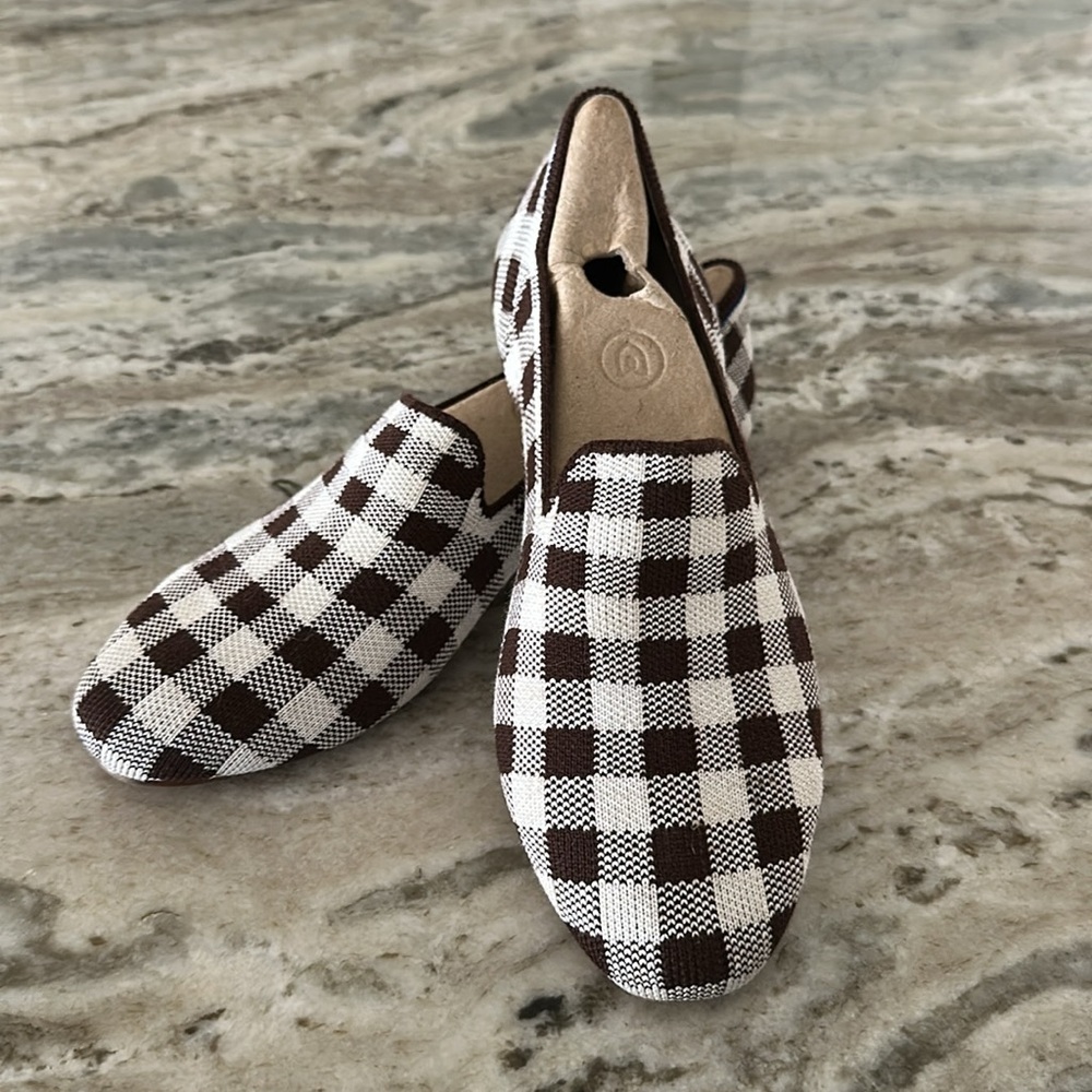 Rothy’s Marta Ferry Square Toe Loafer Merino Brown and White Checkered Loafers